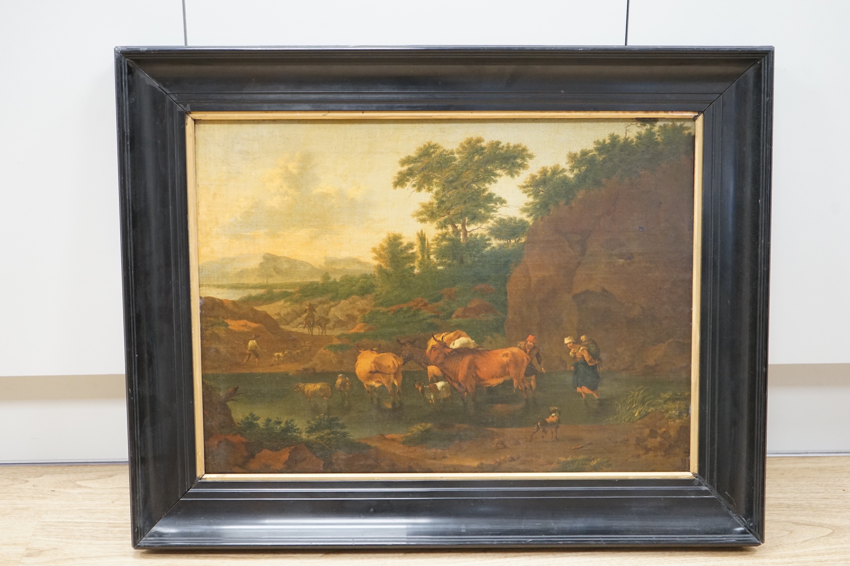 After Nicholaes Berchem (1620-1683), oil on canvas laid on panel, Drover crossing a stream, 41 x 56cm